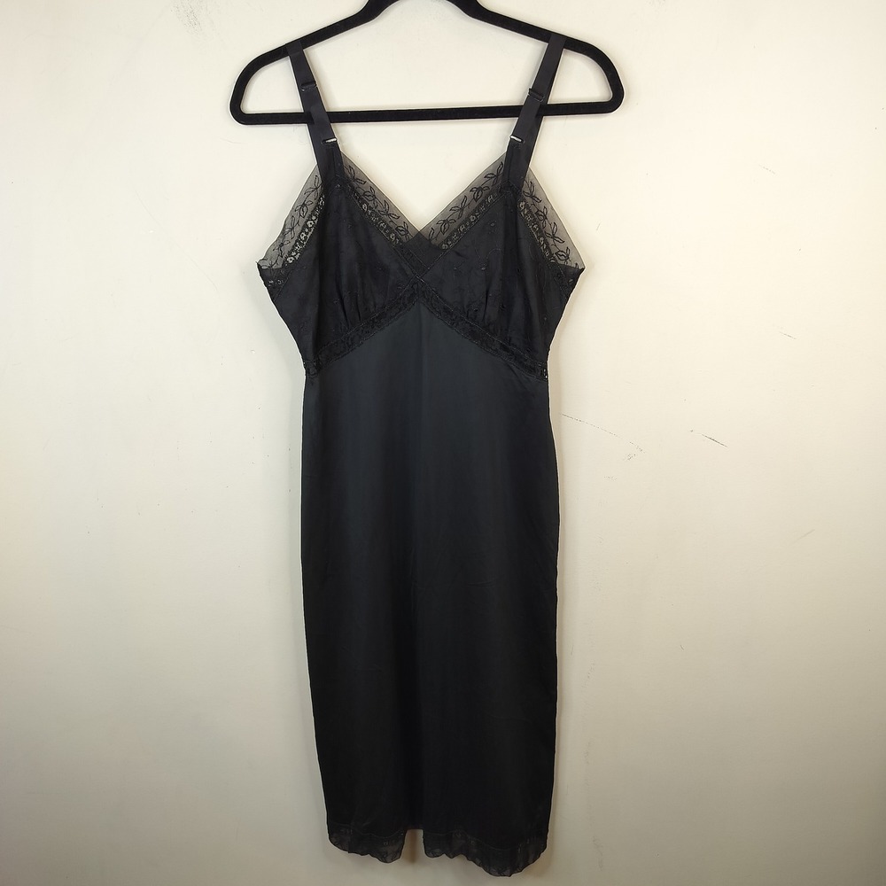 Vintage Snowdon Nylon Full Slip 36 Lace Trim Floral Embroidered Lingerie Black